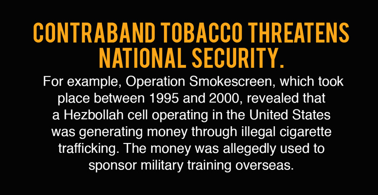 Contraband tobacco threatens national security. For example, Operation Smokescreen, which took place between 1995 and 2000, revealed that a Hezbollah cell operating in the United States was generating money through illegal cigarette trafficking. The money was allegedly used to sponsor military training overseas.